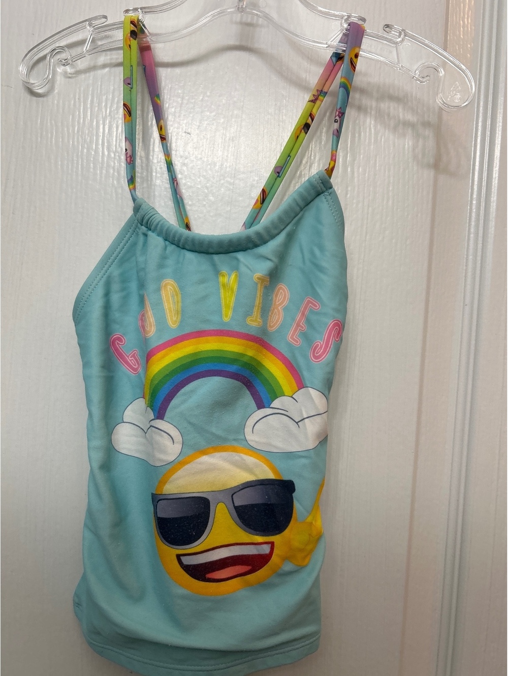 Light Blue 'Good Vibes' Emoji Print Tank Top with Rainbow Straps